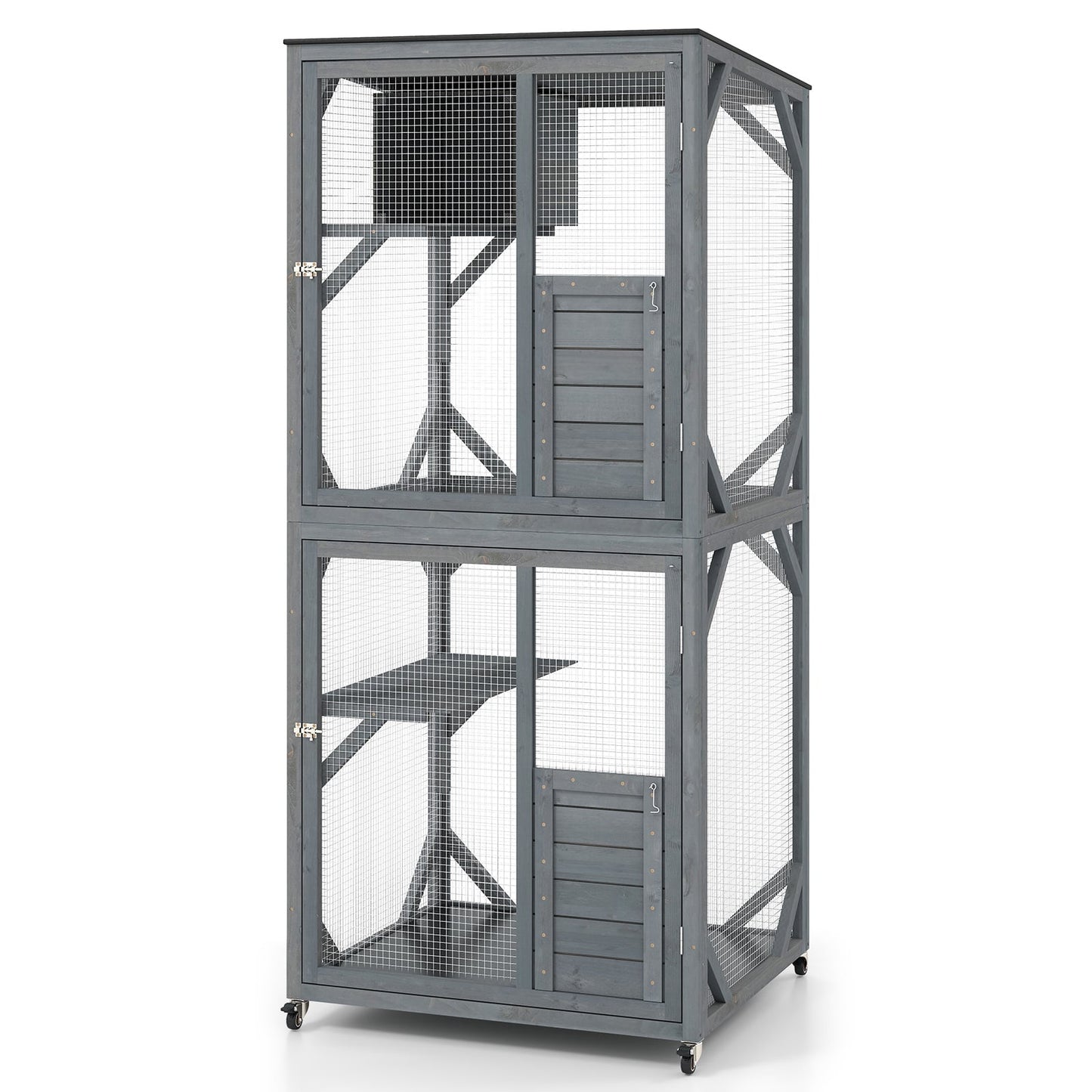 182.5 cm Large Outdoor Cat Enclosure on Wheels with 3 Platforms and Condo-Grey