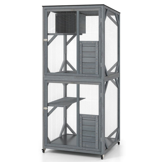 182.5 cm Large Outdoor Cat Enclosure on Wheels with 3 Platforms and Condo-Grey