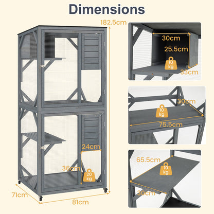 182.5 cm Large Outdoor Cat Enclosure on Wheels with 3 Platforms and Condo-Grey