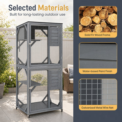 182.5 cm Large Outdoor Cat Enclosure on Wheels with 3 Platforms and Condo-Grey