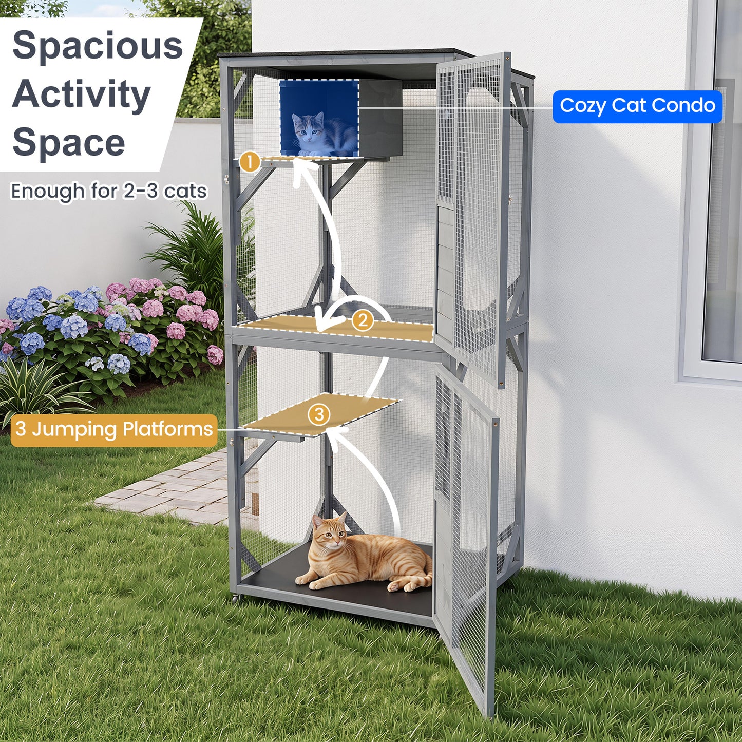 182.5 cm Large Outdoor Cat Enclosure on Wheels with 3 Platforms and Condo-Grey