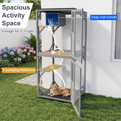 182.5 cm Large Outdoor Cat Enclosure on Wheels with 3 Platforms and Condo-Grey