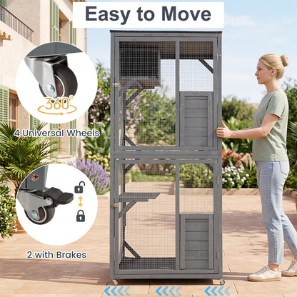 182.5 cm Large Outdoor Cat Enclosure on Wheels with 3 Platforms and Condo-Grey