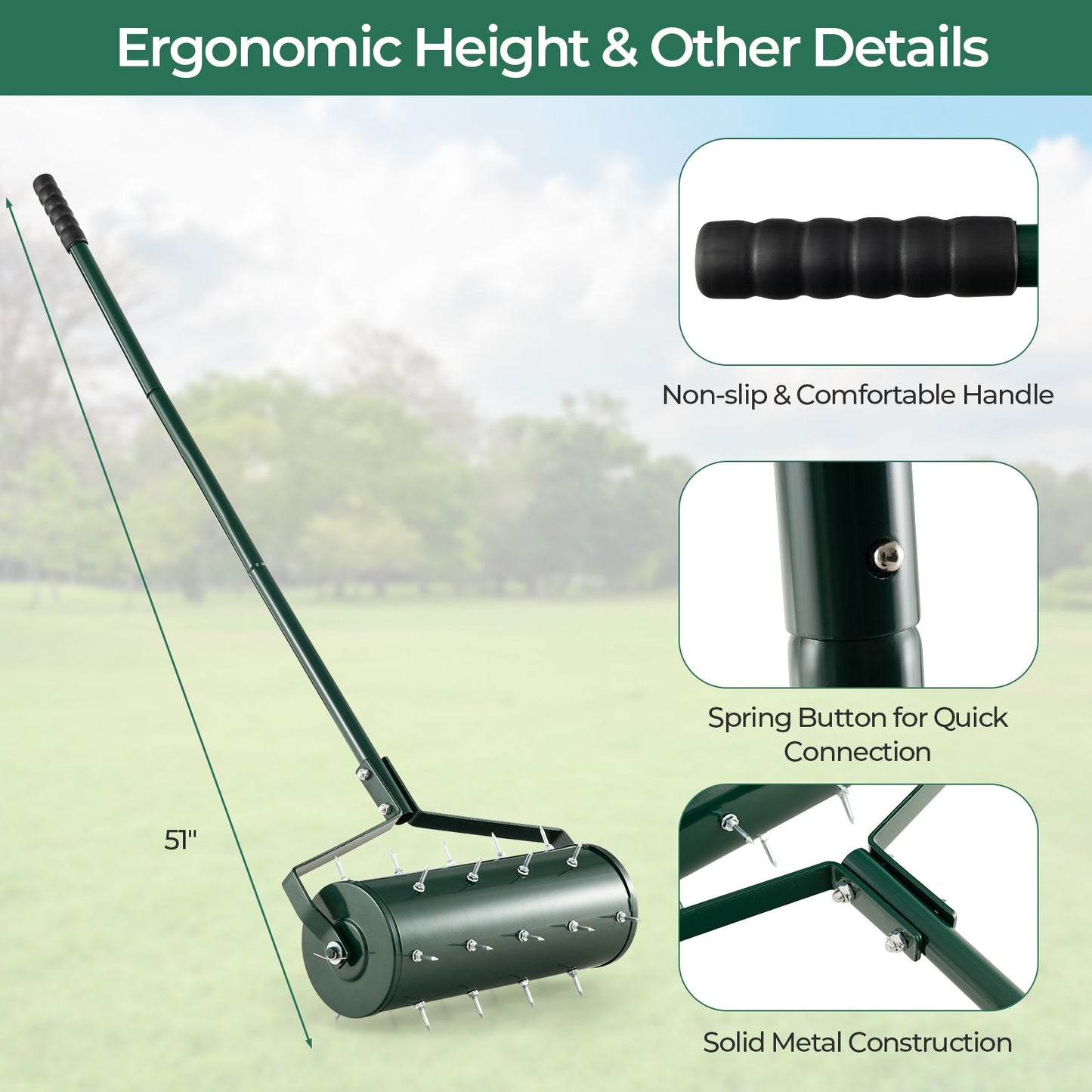 18/21 Inch Manual Lawn Aerator with Detachable Handle and Tine Spikes-18 inches