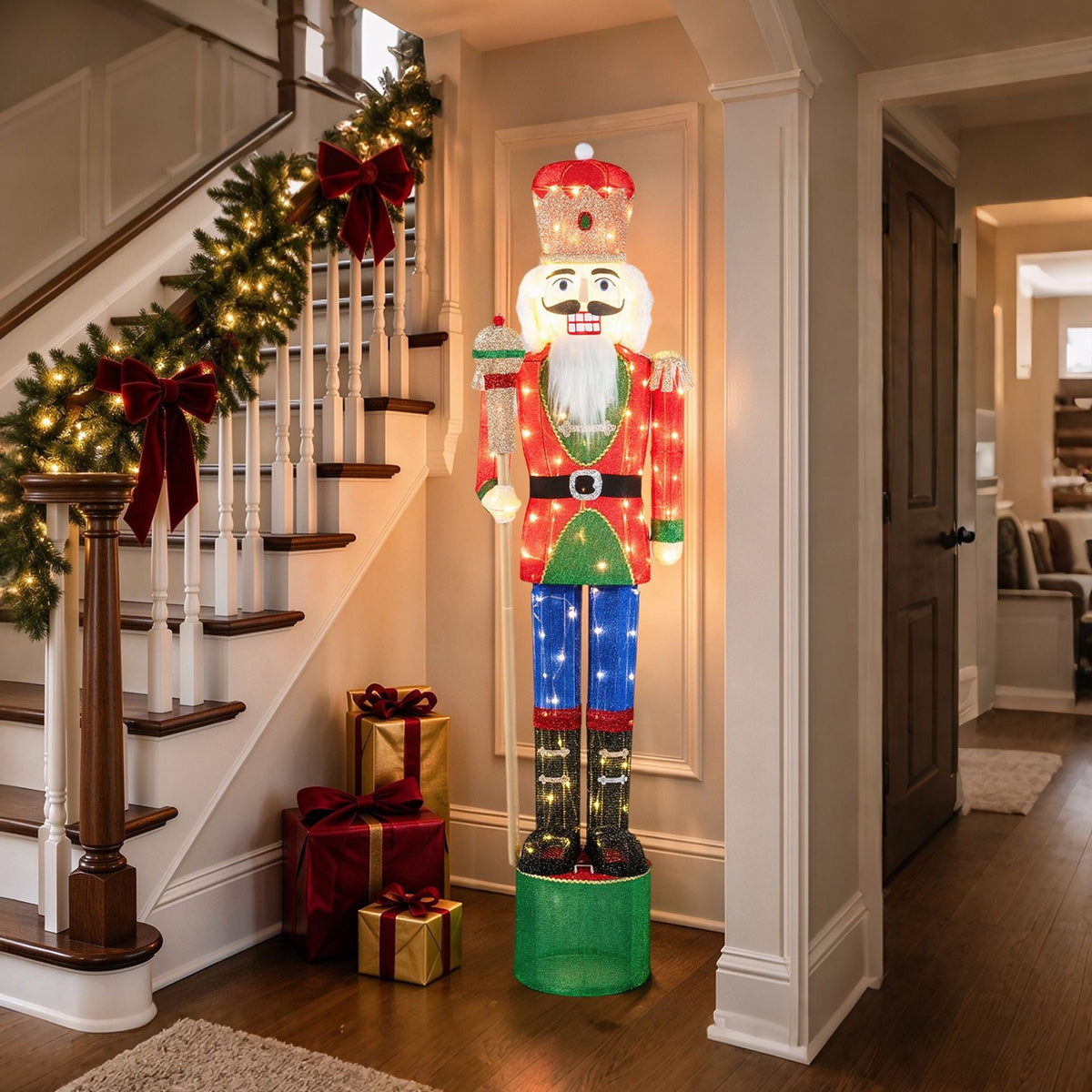 183 CM Lighted Nutcracker with Scepter and 100 Warm White LED Lights for Christmas Decoration