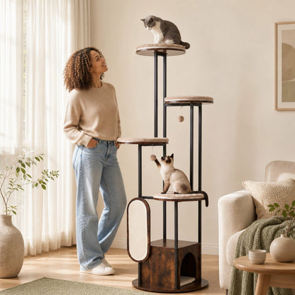 183 CM Tall Modern Cat Tree Tower with Top Perch Platforms and Removable Washable Mats-Brown