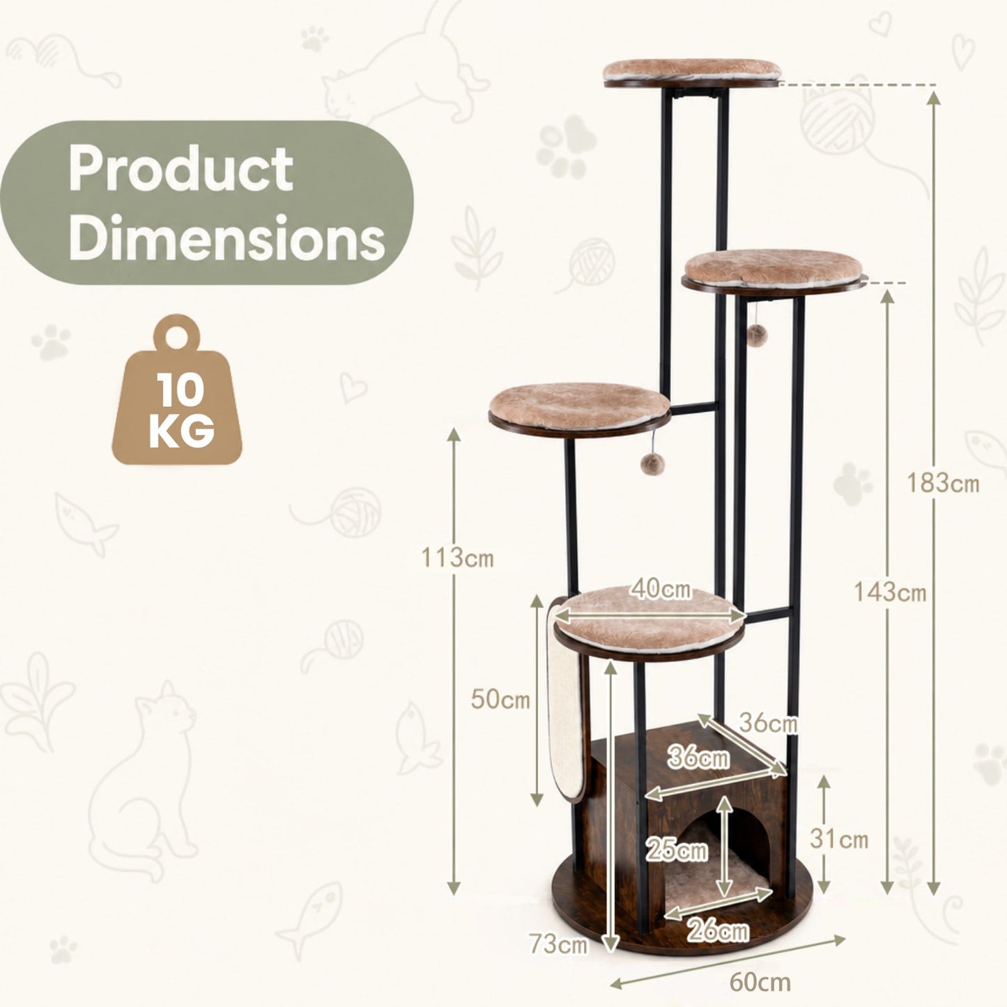 183 CM Tall Modern Cat Tree Tower with Top Perch Platforms and Removable Washable Mats-Brown