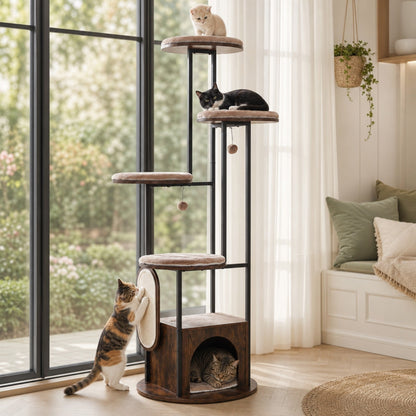 183 CM Tall Modern Cat Tree Tower with Top Perch Platforms and Removable Washable Mats-Brown