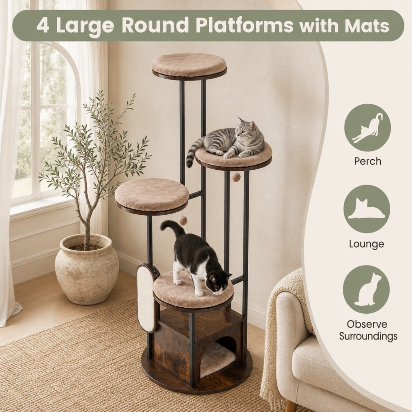 183 CM Tall Modern Cat Tree Tower with Top Perch Platforms and Removable Washable Mats-Brown