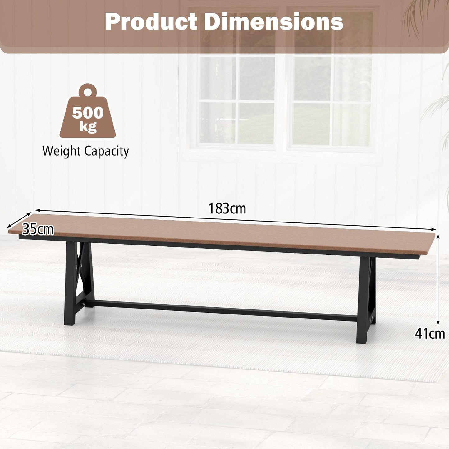 183cm Patio Long Bench with Weatherproof HDPE Seat for 4 People-Brown