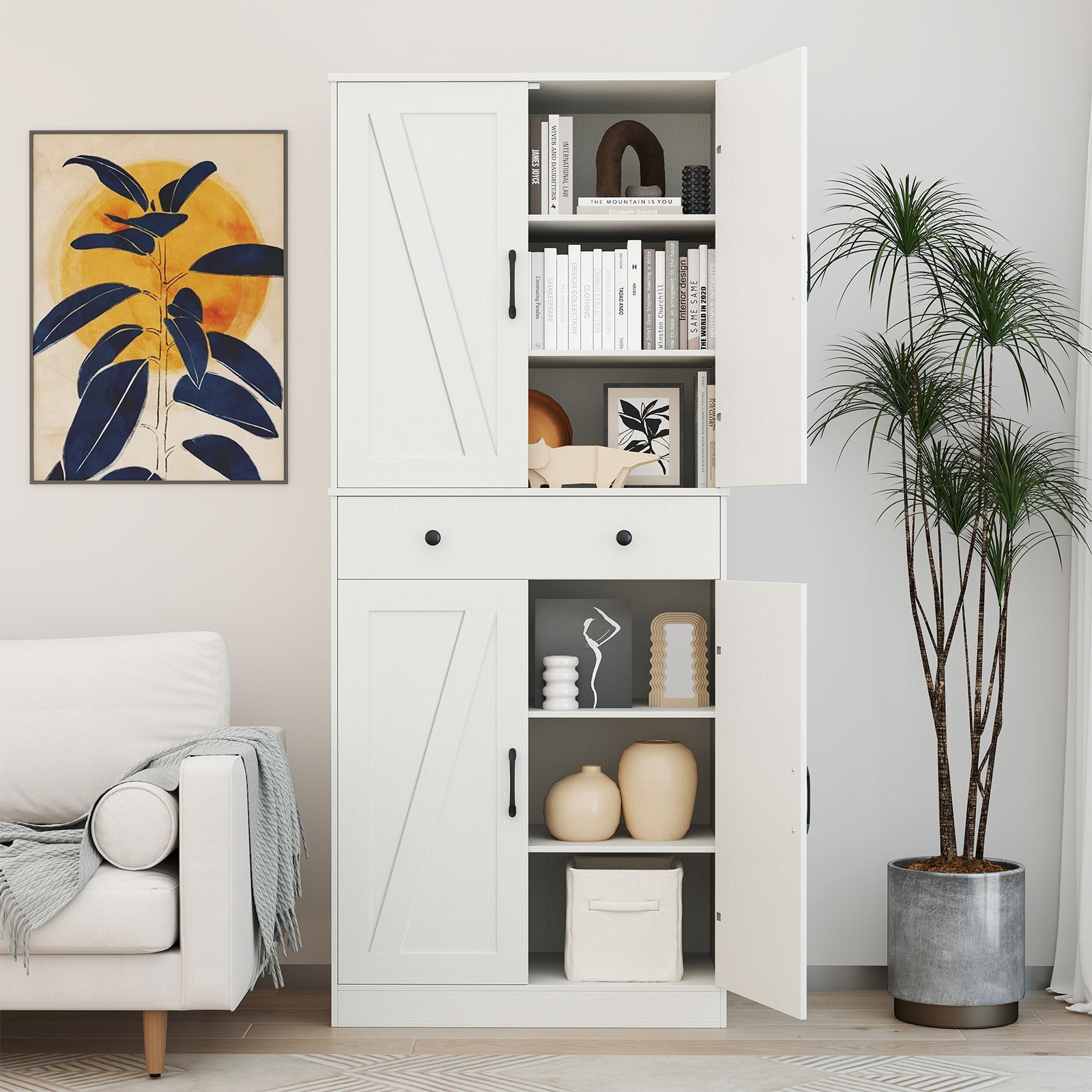 183cm Tall Kitchen Pantry with 4 Barn Doors and 3 Adjustable Shelves-White