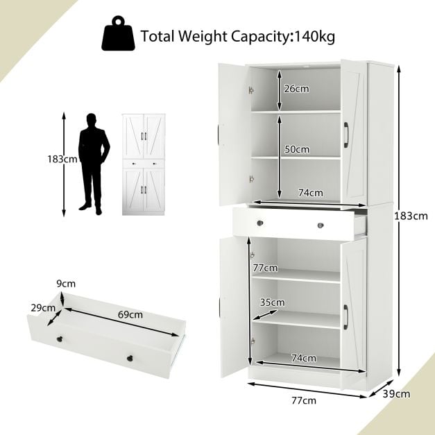 183cm Tall Kitchen Pantry with 4 Barn Doors and 3 Adjustable Shelves-White