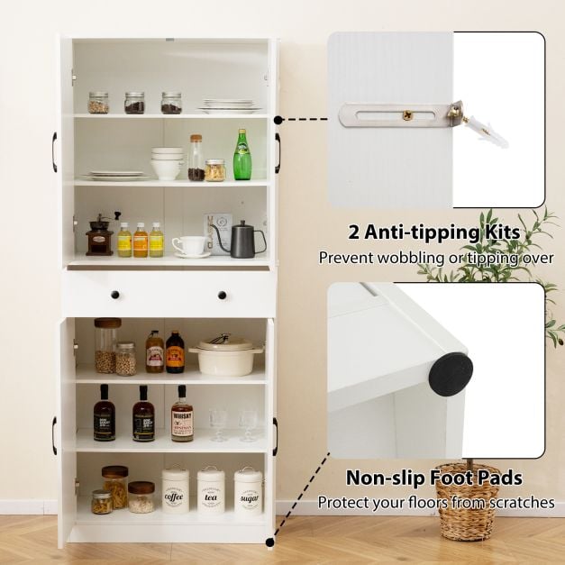 183cm Tall Kitchen Pantry with 4 Barn Doors and 3 Adjustable Shelves-White