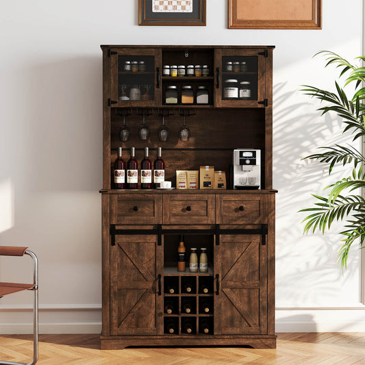 184cm Coffee Bar Cabinet Sideboard Cupboard with Wine Bottle Rack-Brown