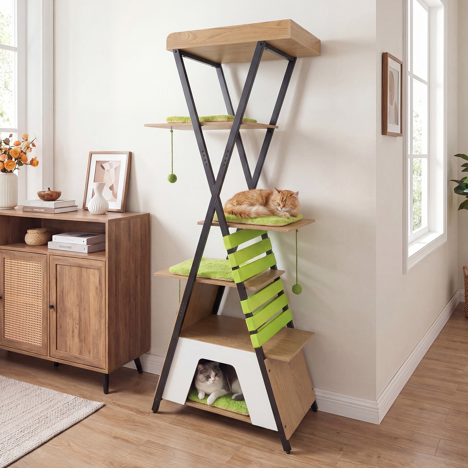185CM Wooden Multi-level Cat Tower with Elevated Perch-Grey