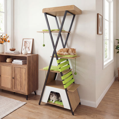 185CM Wooden Multi-level Cat Tower with Elevated Perch-Grey
