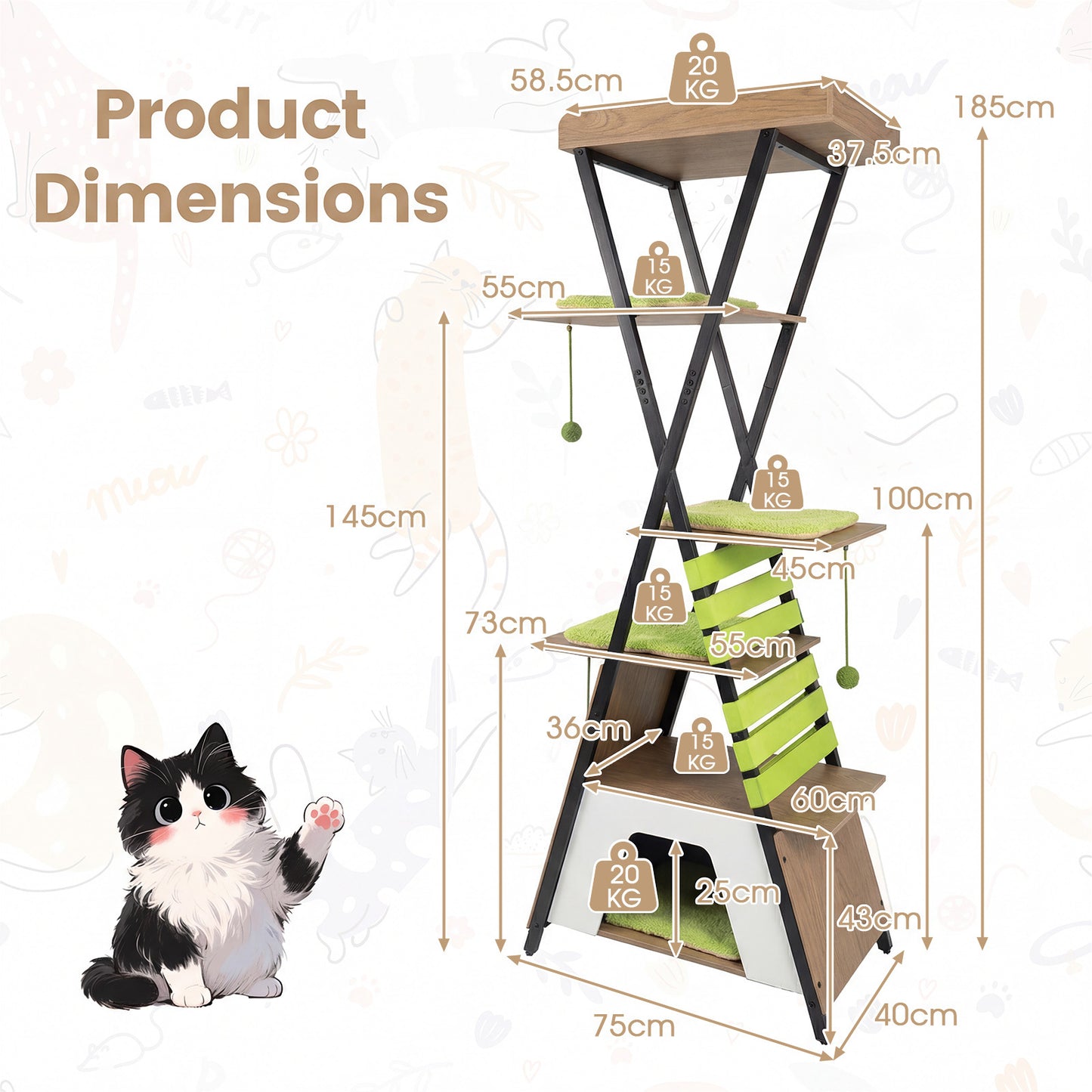 185CM Wooden Multi-level Cat Tower with Elevated Perch-Grey