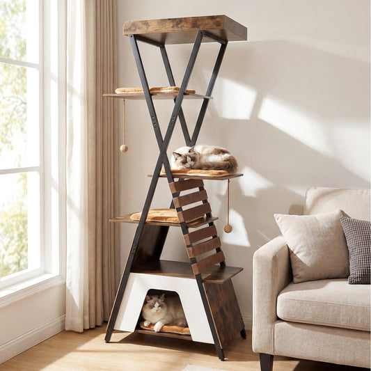 185CM Wooden Multi-level Cat Tower with Elevated Perch-Rustic Brown