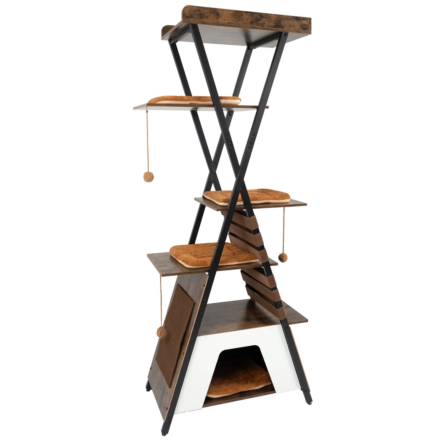 185CM Wooden Multi-level Cat Tower with Elevated Perch-Rustic Brown