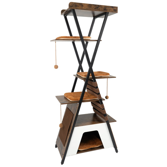 185CM Wooden Multi-level Cat Tower with Elevated Perch-Rustic Brown