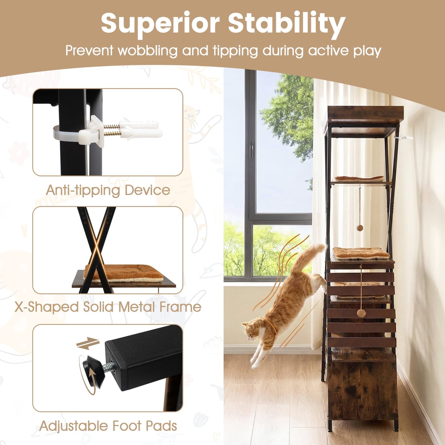 185CM Wooden Multi-level Cat Tower with Elevated Perch-Rustic Brown