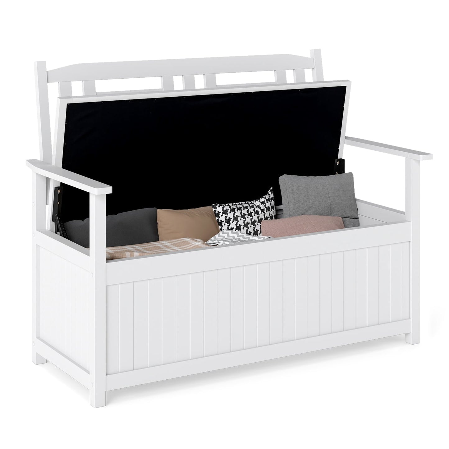 185L Patio Storage Bench Solid Wood Storage Loveseat with Backrest and Armrests-White