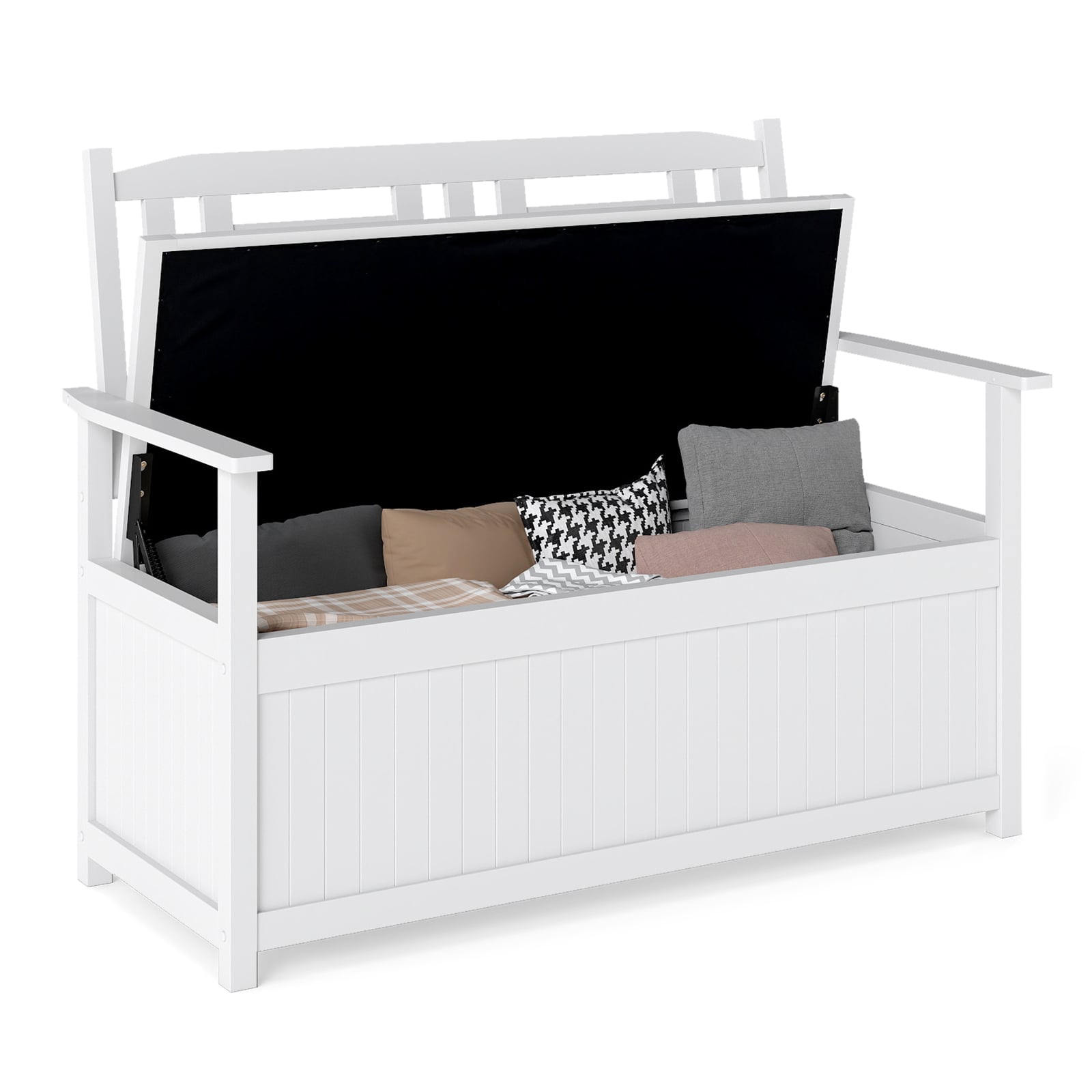 185L Patio Storage Bench Solid Wood Storage Loveseat with Backrest and Armrests-White