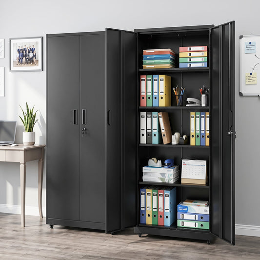 186cm Rolling File Cabinet with Adjustable Shelves and 4 Lockable Wheels for Office-Black