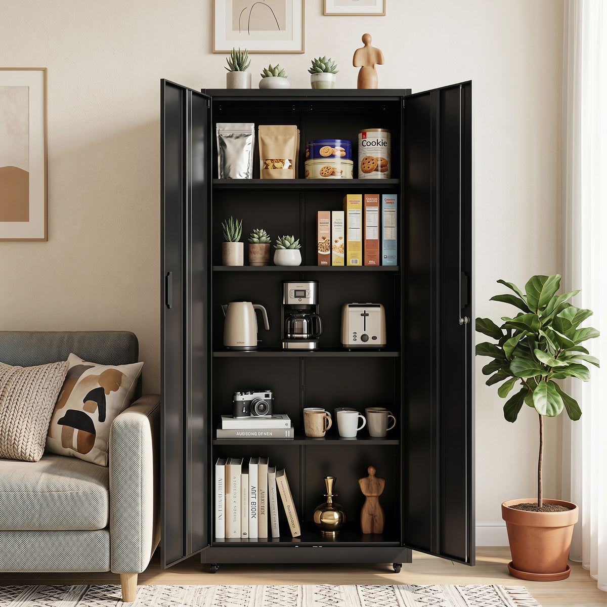 186cm Rolling File Cabinet with Adjustable Shelves and 4 Lockable Wheels for Office-Black