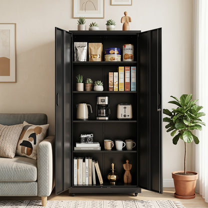 186cm Rolling File Cabinet with Adjustable Shelves and 4 Lockable Wheels for Office-Black