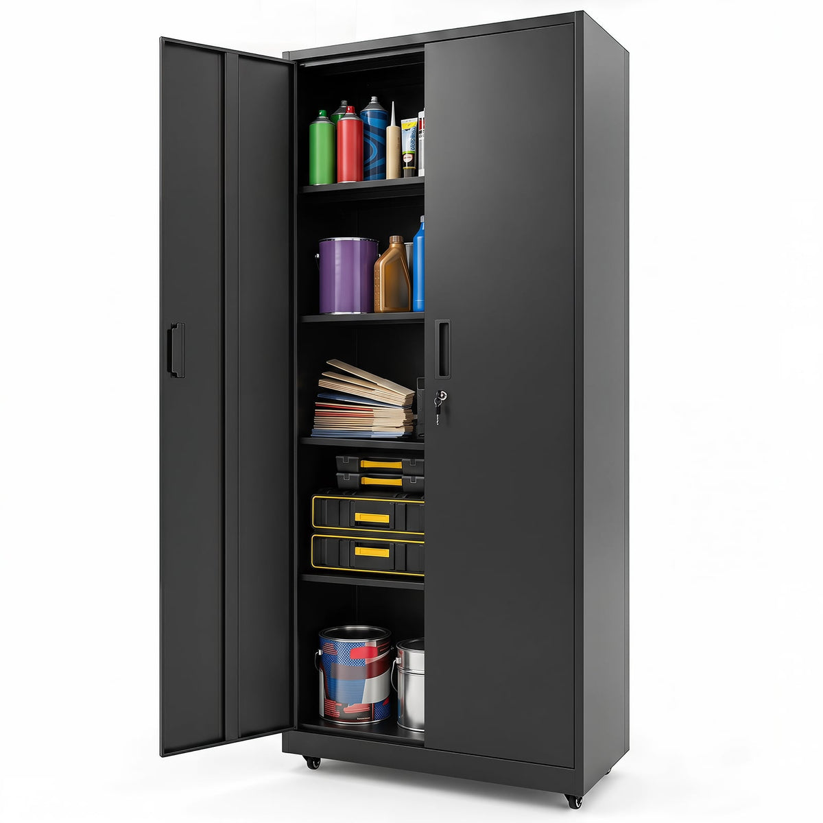 186cm Rolling File Cabinet with Adjustable Shelves and 4 Lockable Wheels for Office-Black