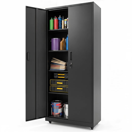 186cm Rolling File Cabinet with Adjustable Shelves and 4 Lockable Wheels for Office-Black