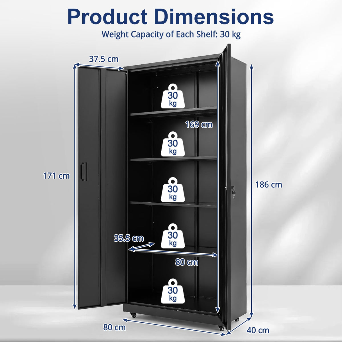 186cm Rolling File Cabinet with Adjustable Shelves and 4 Lockable Wheels for Office-Black