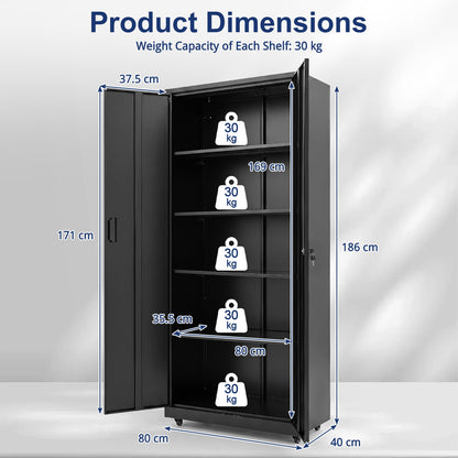 186cm Rolling File Cabinet with Adjustable Shelves and 4 Lockable Wheels for Office-Black