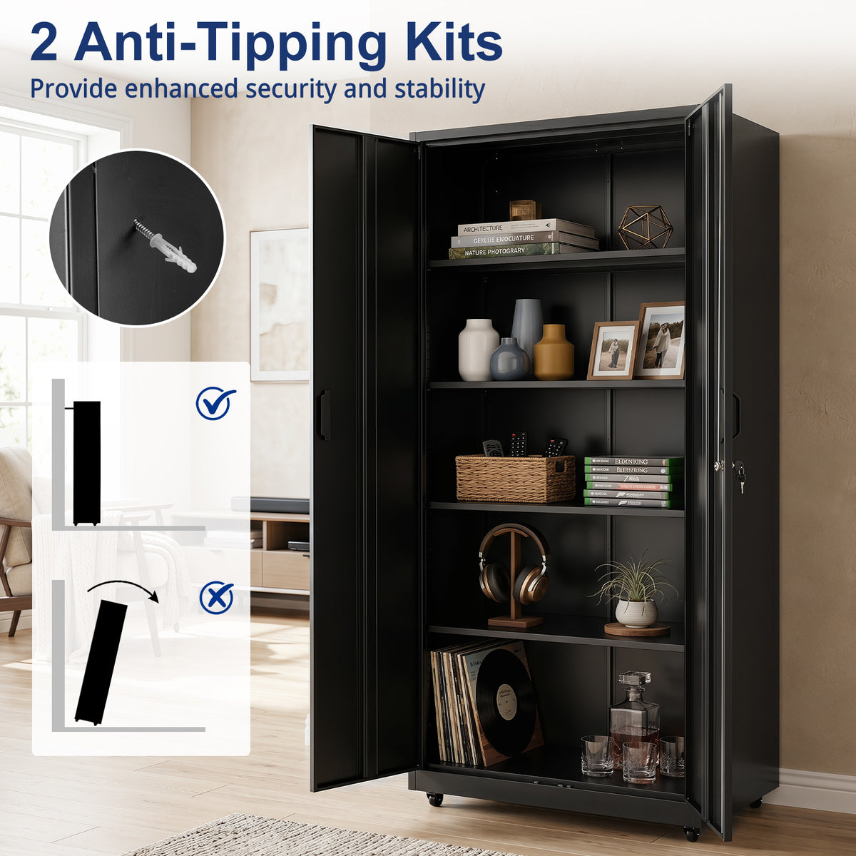 186cm Rolling File Cabinet with Adjustable Shelves and 4 Lockable Wheels for Office-Black