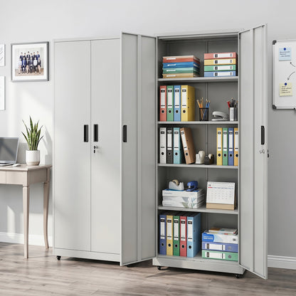 186cm Rolling File Cabinet with Adjustable Shelves and 4 Lockable Wheels for Office-Grey