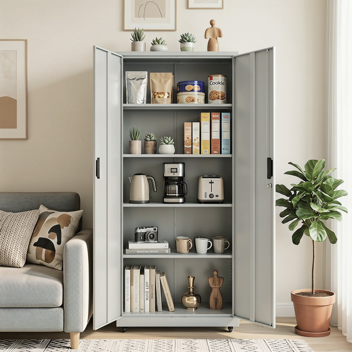 186cm Rolling File Cabinet with Adjustable Shelves and 4 Lockable Wheels for Office-Grey