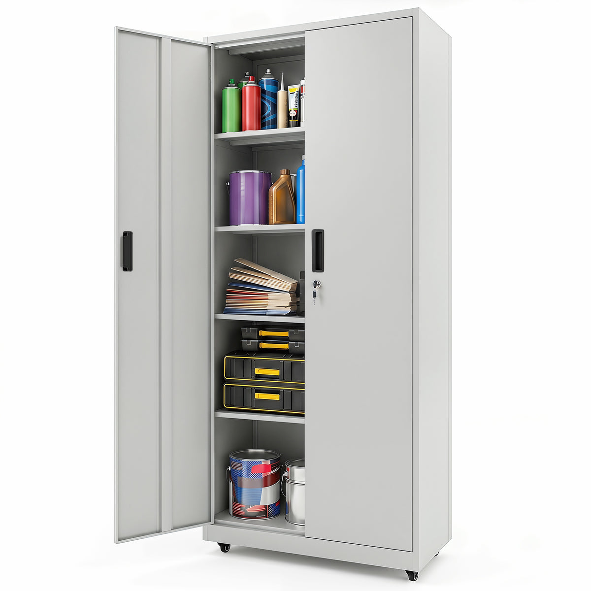 186cm Rolling File Cabinet with Adjustable Shelves and 4 Lockable Wheels for Office-Grey