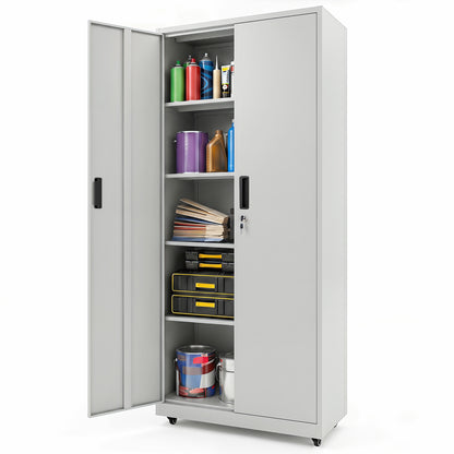 186cm Rolling File Cabinet with Adjustable Shelves and 4 Lockable Wheels for Office-Grey