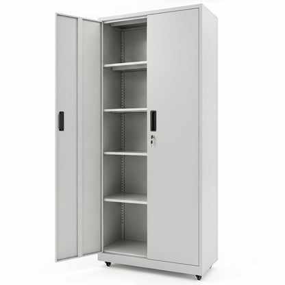 186cm Rolling File Cabinet with Adjustable Shelves and 4 Lockable Wheels for Office-Grey