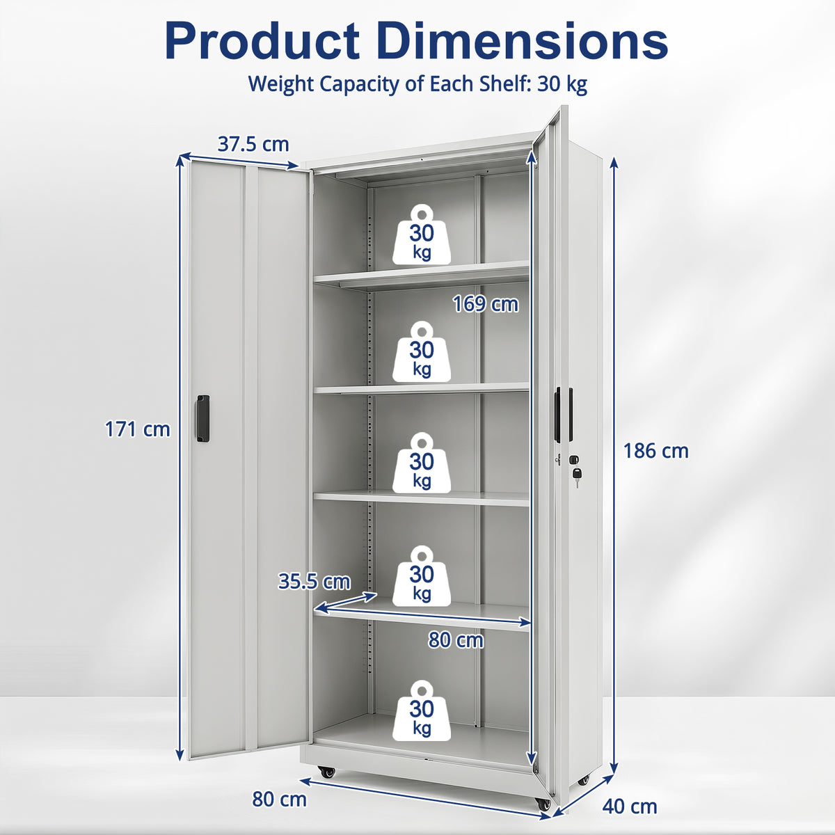 186cm Rolling File Cabinet with Adjustable Shelves and 4 Lockable Wheels for Office-Grey