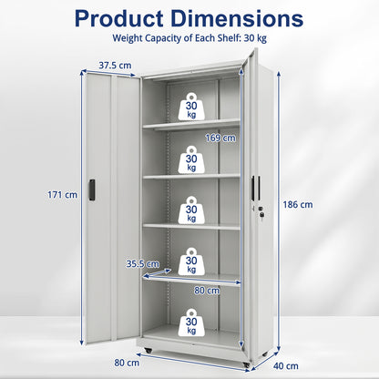 186cm Rolling File Cabinet with Adjustable Shelves and 4 Lockable Wheels for Office-Grey