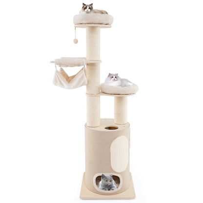 187 cm Tall Wooden Cat Tower Tree with 2-Story Cat Condo-Natural