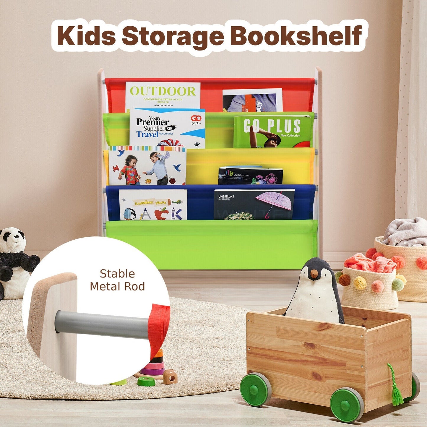4 Tier Children Bookshelf Magazine Rack Organiser-Natural