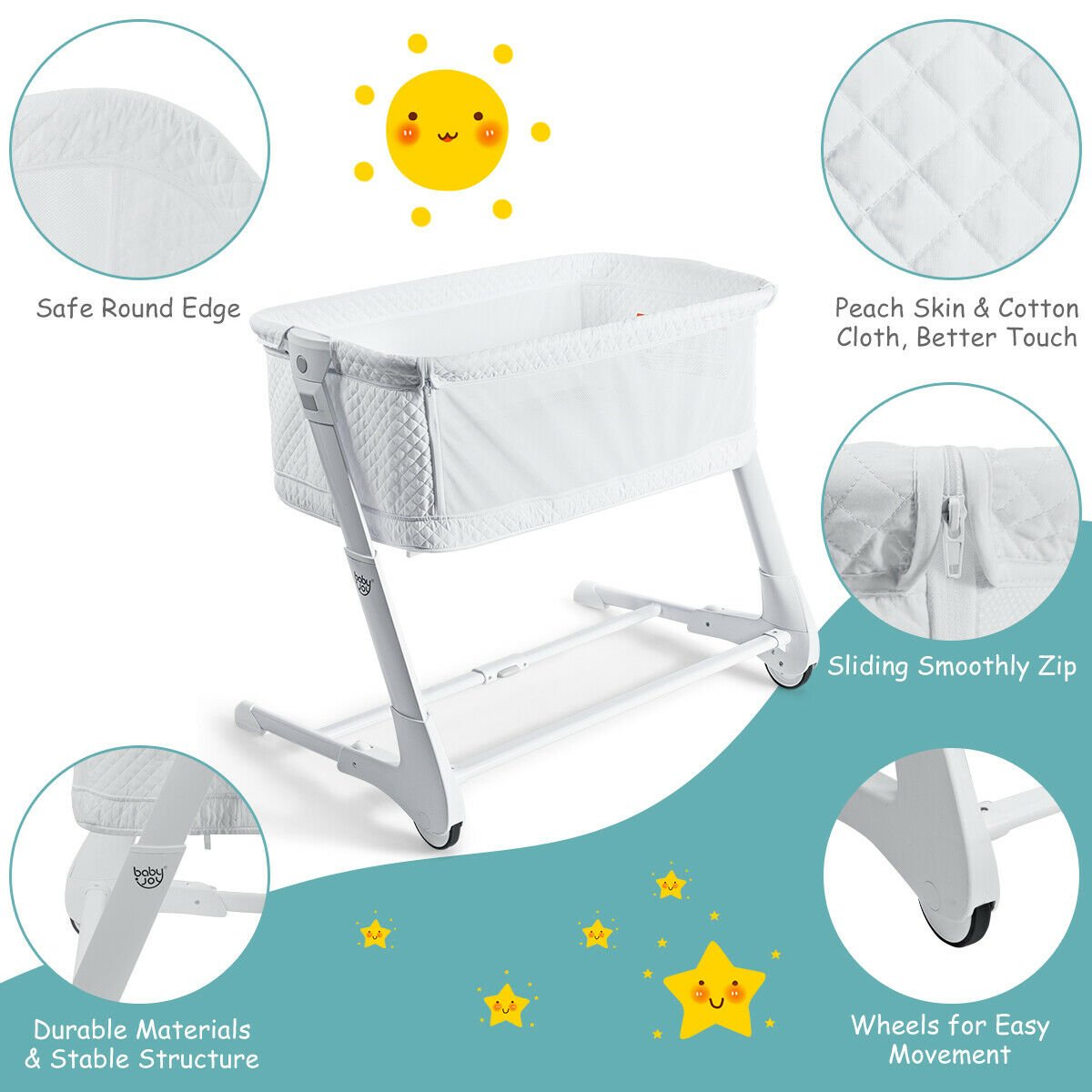 Baby Bedside with Washable Mattress and Breathable Mesh-White