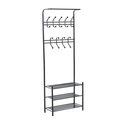 18 Hook Metal Frame Hallway Coat Hanger W/ 3 Tier Shoe Storage Black