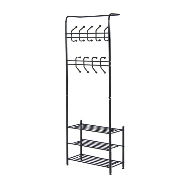 18 Hook Metal Frame Hallway Coat Hanger W/ 3 Tier Shoe Storage Black