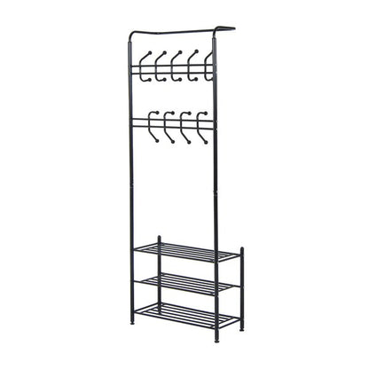 18 Hook Metal Frame Hallway Coat Hanger W/ 3 Tier Shoe Storage Black