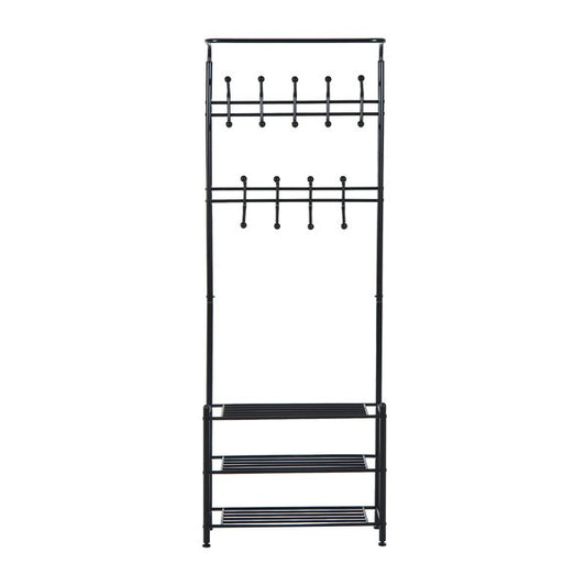 18 Hook Metal Frame Hallway Coat Hanger W/ 3 Tier Shoe Storage Black