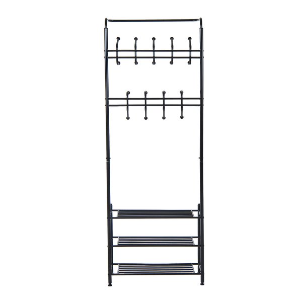 18 Hook Metal Frame Hallway Coat Hanger W/ 3 Tier Shoe Storage Black